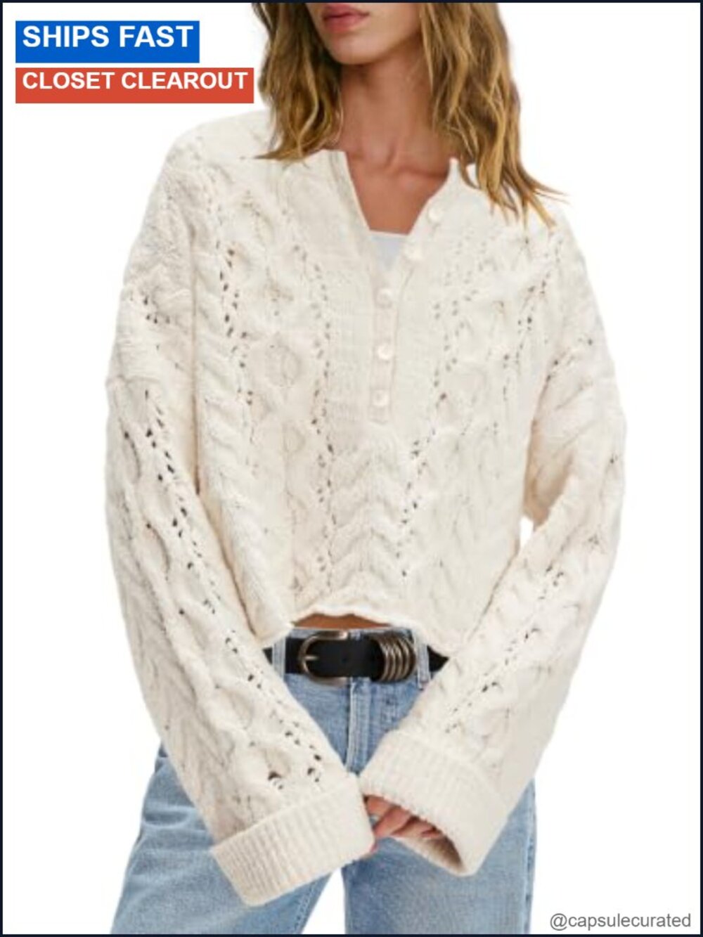 Cable Knit Oversized Bell Sleeve Sweater Half Button Crew Neck